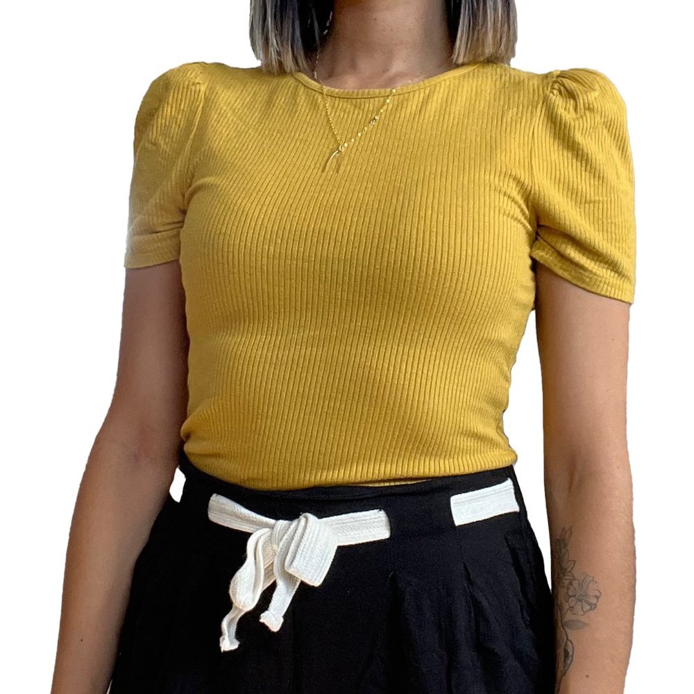Express Mustard Yellow Short Sleeve Ribbed Top (Size Extra Small)